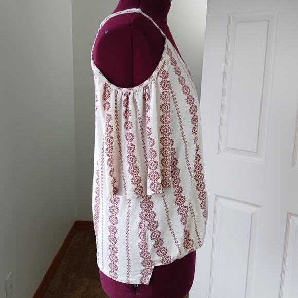 hem & thread cold shoulder faux wrap tank top L tan red adjustable straps L4998 - Picture 4 of 12